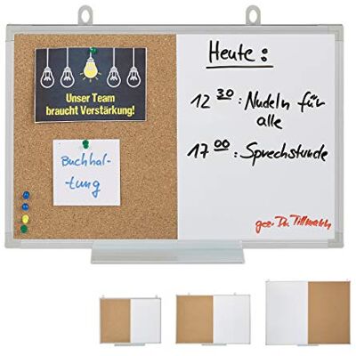 Relaxdays 2-in-1 combi-bord, kurkbord en magneetbord, aluminium frame, combi-bord met plank, 30 x 45 cm, wit/naturel Relaxdays 2-in-1 combi-bord, kurkbord en magneetbord, aluminium frame, combi-bord met plank, 30 x 45 cm, wit/naturel