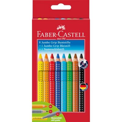 Faber-Castell Jumbo Grip 280921 Pennen met potlood en naampen, 8 stuks Tekenset bestaande uit 8 kleurpotloden, 1 potlood en 1 naampotlood voor school en kleuterschool Faber-Castell Jumbo Grip 280921 Pennen met potlood en naampen, 8 stuks Tekenset bestaande uit 8 kleurpotloden, 1 potlood en 1 naampotlood voor school en kleuterschool