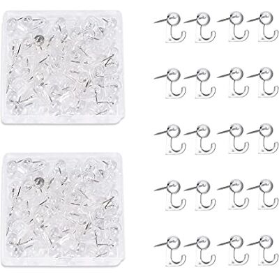 Roucerlin 100 stuks transparante punaises haken in bolvorm, punaises met haken, wandhaken voor prikbord (transparant) Roucerlin 100 stuks transparante punaises haken in bolvorm, punaises met haken, wandhaken voor prikbord (transparant)
