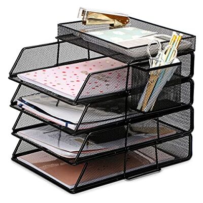 Exerz Set van 6 papieren bakken met 4 stapelbare sorteerders, 1 bovenste plank, 1 zijmand, bureau-organizer van metaalgaas, voor kantoor, school Exerz Set van 6 papieren bakken met 4 stapelbare sorteerders, 1 bovenste plank, 1 zijmand, bureau-organizer van metaalgaas, voor kantoor, school