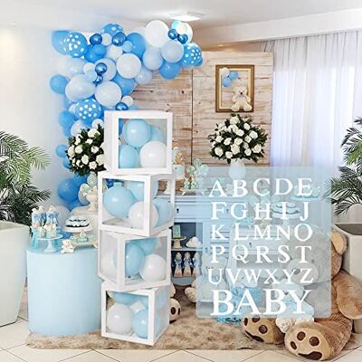 FengRise Ballonnen voor babyshower, 4 stuks DIY transparante dozen wit met 30 letters Baby + A-Z voor jongens en meisjes FengRise Ballonnen voor babyshower, 4 stuks DIY transparante dozen wit met 30 letters Baby + A-Z voor jongens en meisjes