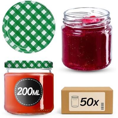 KADAX Kleine inmaakpotten, 200 ml, jampotten, FI66 mm, minipotten voor honing en kruiden, luchtdichte bokalen, ronde bokalen (50 stuks, groen geruit) KADAX Kleine inmaakpotten, 200 ml, jampotten, FI66 mm, minipotten voor honing en kruiden, luchtdichte bokalen, ronde bokalen (50 stuks, groen geruit)