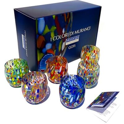 ART 6 handgeblazen Murrine glazen waterglazen, handgemaakt, Murano kleuren, klassiek model 290 ml, 6 kleuren, geschenkdoos ART 6 handgeblazen Murrine glazen waterglazen, handgemaakt, Murano kleuren, klassiek model 290 ml, 6 kleuren, geschenkdoos