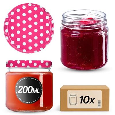 KADAX Kleine inmaakpotten, 200 ml, luchtdicht, rond, FI66 mm, jampotten, bokalen, minipotten voor honing en kruiden, 10 stuks, roze met stippen KADAX Kleine inmaakpotten, 200 ml, luchtdicht, rond, FI66 mm, jampotten, bokalen, minipotten voor honing en kruiden, 10 stuks, roze met stippen