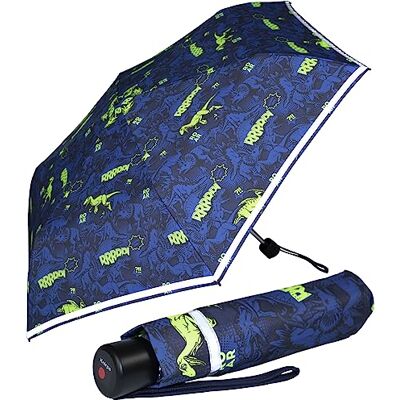 Knirps 4Kids Reflecterende zakparaplu voor kinderen met reflecterende rand, Neon dinosaurussen, speels Knirps 4Kids Reflecterende zakparaplu voor kinderen met reflecterende rand, Neon dinosaurussen, speels