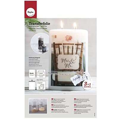 Rayher 31596000 Transferpapier, transparant, DIN A4 (210 x 297 mm), 4 stuks, laserprinter, voor gladde, niet-absorberende oppervlakken, decoratie en labeling van objecten Rayher 31596000 Transferpapier, transparant, DIN A4 (210 x 297 mm), 4 stuks, laserprinter, voor gladde, niet-absorberende oppervlakken, decoratie en labeling van objecten