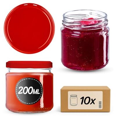 KADAX Kleine inmaakpotten, 200 ml, jampotten, FI66 mm, minipotten voor honing en kruiden, luchtdichte bokalen, ronde bokalen (10 stuks, rood) KADAX Kleine inmaakpotten, 200 ml, jampotten, FI66 mm, minipotten voor honing en kruiden, luchtdichte bokalen, ronde bokalen (10 stuks, rood)