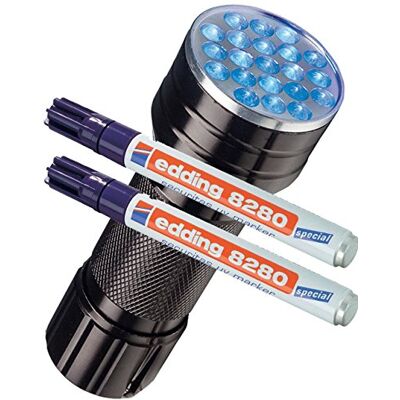 Edding 8280 UV-marker, onzichtbaar, 1,5-3 mm, kleurloos, uv-marker + uv-lampen, 2 stuks Edding 8280 UV-marker, onzichtbaar, 1,5-3 mm, kleurloos, uv-marker + uv-lampen, 2 stuks