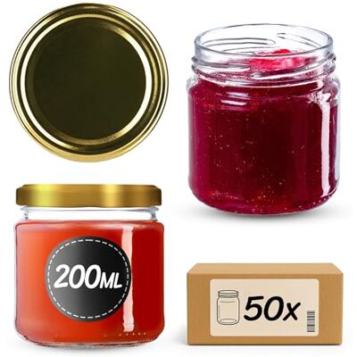 KADAX Kleine inmaakpotten, 200 ml, jampotten, FI66 mm, minipotten voor honing en kruiden, luchtdichte bokalen, ronde bokalen (50 stuks, goudkleur) KADAX Kleine inmaakpotten, 200 ml, jampotten, FI66 mm, minipotten voor honing en kruiden, luchtdichte bokalen, ronde bokalen (50 stuks, goudkleur)