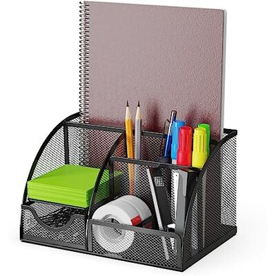 Detectalia Bureau-organizer en pennenhouder met lade en 6 vakken van zwart metaalgaas, ruimtebesparende bureau-organizer voor potloden, plaknotities, paperclips en nietmachines Detectalia Bureau-organizer en pennenhouder met lade en 6 vakken van zwart metaalgaas, ruimtebesparende bureau-organizer voor potloden, plaknotities, paperclips en nietmachines