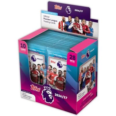 Topps Premier League 2026/27 verzamelkaarten complete doos De complete doos bevat 28 verpakkingen (10 kaarten per verpakking). Topps Premier League 2026/27 verzamelkaarten complete doos De complete doos bevat 28 verpakkingen (10 kaarten per verpakking).