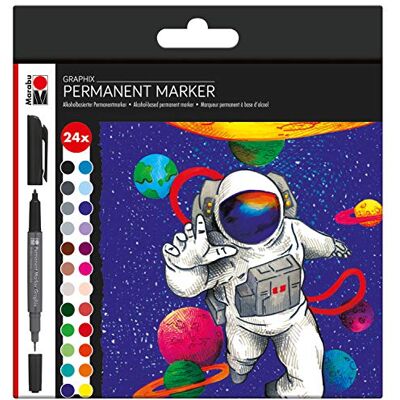 Marabu Graphix Hero of Galaxy permanente markeerstiften, 24 stuks, 1-2 mm dubbele punt en 0,5 mm, briljante kleuren, sneldrogende inkt, geurloos en waterdicht. Marabu Graphix Hero of Galaxy permanente markeerstiften, 24 stuks, 1-2 mm dubbele punt en 0,5 mm, briljante kleuren, sneldrogende inkt, geurloos en waterdicht.