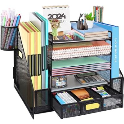 HMXLJJY Bureau-organizer van mesh met bestandshouder, brievenbak met 5 niveaus, tijdschriftenhouder, opslag voor kantoorbenodigdheden, thuis of school, zwart HMXLJJY Bureau-organizer van mesh met bestandshouder, brievenbak met 5 niveaus, tijdschriftenhouder, opslag voor kantoorbenodigdheden, thuis of school, zwart