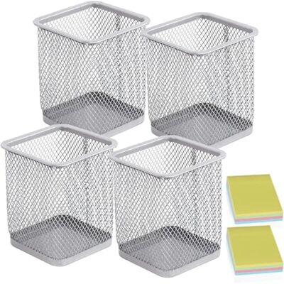 DARUITE Set van 4 vierkante metalen potloodpotten, multifunctioneel, voor kantoor en thuis, zilverkleurig DARUITE Set van 4 vierkante metalen potloodpotten, multifunctioneel, voor kantoor en thuis, zilverkleurig