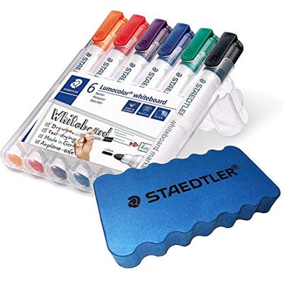 Staedtler Lumocolor 351 WP6 whiteboard-marker, ronde punt ca. 2 mm lijnbreedte, set met 6 kleuren (1 etui + whiteboardspons) Staedtler Lumocolor 351 WP6 whiteboard-marker, ronde punt ca. 2 mm lijnbreedte, set met 6 kleuren (1 etui + whiteboardspons)