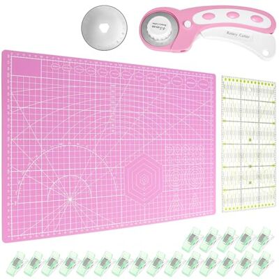 QWORK 45 mm roterende stofsnijder, A3 snijmat, reservemesjes, stofclips en patchwork-liniaal, voor scholen en gezinnen QWORK 45 mm roterende stofsnijder, A3 snijmat, reservemesjes, stofclips en patchwork-liniaal, voor scholen en gezinnen