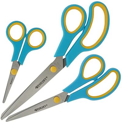 Westcott 3 paar roestvrijstalen schaar met zachte handgreep, 13,7 cm, 20,3 cm en 24,6 cm, turquoise Westcott 3 paar roestvrijstalen schaar met zachte handgreep, 13,7 cm, 20,3 cm en 24,6 cm, turquoise