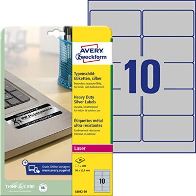 Avery Zweckform L6012-20 typeplaatje folie-etiketten (96 x 50,8 mm op DIN A4, extreem sterk zelfklevend, weerbestendige bedrukbare kleeffolie) 200 stickers op 20 vellen zilver Avery Zweckform L6012-20 typeplaatje folie-etiketten (96 x 50,8 mm op DIN A4, extreem sterk zelfklevend, weerbestendige bedrukbare kleeffolie) 200 stickers op 20 vellen zilver