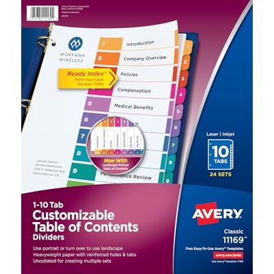 Avery 10 registers voor 3-ring-mappen, inhoudsopgave, kleurrijke tabs, 24 sets (11169) Avery 10 registers voor 3-ring-mappen, inhoudsopgave, kleurrijke tabs, 24 sets (11169)