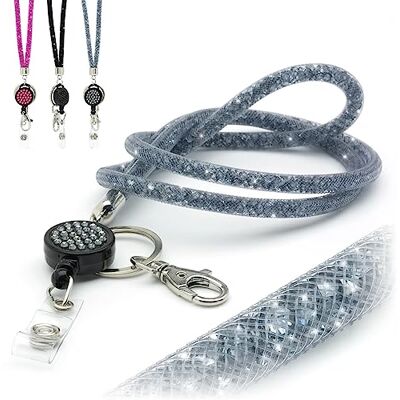 CKB LTD Sleutelkoord met strass en strass-steentjes met draaibare metalen clip en glinsterende intrekbare spoel voor identiteitskaart, grijs, 1 stuk Single Unit 1pc Single Unit CKB LTD Sleutelkoord met strass en strass-steentjes met draaibare metalen clip en glinsterende intrekbare spoel voor identiteitskaart, grijs, 1 stuk Single Unit 1pc Single Unit