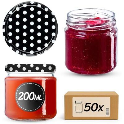 KADAX Kleine inmaakpotten, 200 ml, luchtdicht, rond, FI66 mm, jampotten, bokalen, minipotten voor honing en kruiden, 50 stuks, zwart met stippen KADAX Kleine inmaakpotten, 200 ml, luchtdicht, rond, FI66 mm, jampotten, bokalen, minipotten voor honing en kruiden, 50 stuks, zwart met stippen