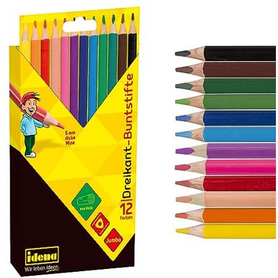 Idena 20135 Jumbo kleurpotloden met 5 mm dikke vulling in 12 kleuren, FSC-houten kleurpotloden in ergonomische driehoekige vorm, verpakt in kartonnen etui Idena 20135 Jumbo kleurpotloden met 5 mm dikke vulling in 12 kleuren, FSC-houten kleurpotloden in ergonomische driehoekige vorm, verpakt in kartonnen etui