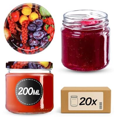 KADAX Kleine inmaakpotten, 200 ml, jampotten, FI66 mm, minipotten voor honing en kruiden, luchtdichte bokalen, ronde bokalen (20 stuks, fruitmotief) KADAX Kleine inmaakpotten, 200 ml, jampotten, FI66 mm, minipotten voor honing en kruiden, luchtdichte bokalen, ronde bokalen (20 stuks, fruitmotief)
