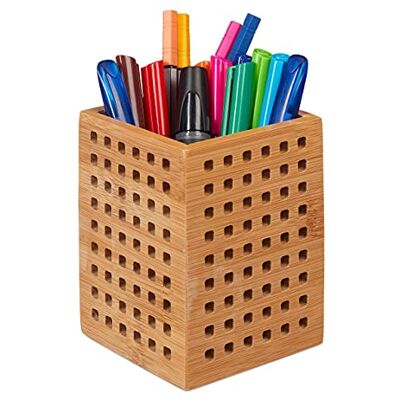 Relaxdays Bamboe houten potloodhouder voor potloden, schaar, pennenhouder, landhuisstijl, HBT 11 x 9 x 9 cm Relaxdays Bamboe houten potloodhouder voor potloden, schaar, pennenhouder, landhuisstijl, HBT 11 x 9 x 9 cm