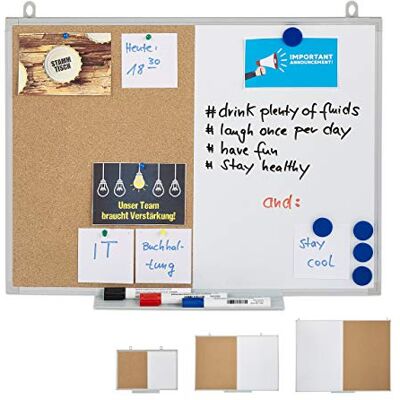 Relaxdays 2-in-1 combi-bord, kurkprikbord en magneetbord, aluminium frame, combi-bord met plank, 45 x 60 cm, wit/naturel Relaxdays 2-in-1 combi-bord, kurkprikbord en magneetbord, aluminium frame, combi-bord met plank, 45 x 60 cm, wit/naturel