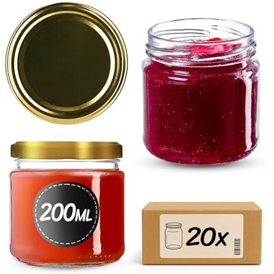 KADAX Kleine inmaakpotten, 200 ml, jampotten, FI66 mm, minipotten voor honing en kruiden, luchtdichte bokalen, ronde bokalen (20 stuks, goudkleur) KADAX Kleine inmaakpotten, 200 ml, jampotten, FI66 mm, minipotten voor honing en kruiden, luchtdichte bokalen, ronde bokalen (20 stuks, goudkleur)