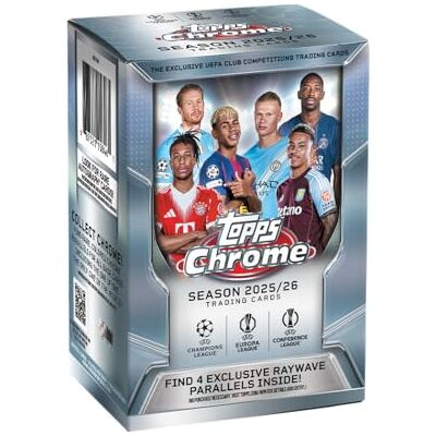 Topps Chrome® UEFA Club Competitions 2025-26 Value Box (bevat 7 verpakkingen per doos, 4 kaarten per verpakking) Topps Chrome® UEFA Club Competitions 2025-26 Value Box (bevat 7 verpakkingen per doos, 4 kaarten per verpakking)