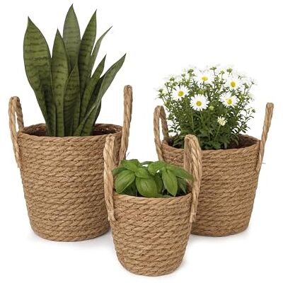 Relaxdays Set van 3 ronde bloempotten met folie en handgrepen, 3 maten, boho-stijl, naturel Relaxdays Set van 3 ronde bloempotten met folie en handgrepen, 3 maten, boho-stijl, naturel