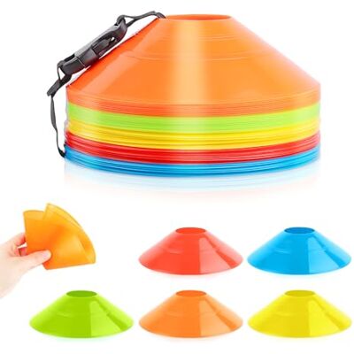 VFANDV 50 stuks voetbalkegels in 5 kleuren, met standaard en netvak, voor hockey, voetbal, schaatsen, handbal, coördinatietraining VFANDV 50 stuks voetbalkegels in 5 kleuren, met standaard en netvak, voor hockey, voetbal, schaatsen, handbal, coördinatietraining