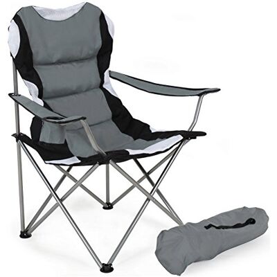 BAKAJI Gestoffeerde campingstoel met campingtas, strandstoel, vissen, tuin, outdoor, staal en polyester, met bekerhouder en smartphone (grijs) BAKAJI Gestoffeerde campingstoel met campingtas, strandstoel, vissen, tuin, outdoor, staal en polyester, met bekerhouder en smartphone (grijs)