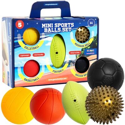 GERARDO'S Kleine balset met 5 verschillende sportballen – massagebal, mini-basketbal, mini-voetbal, rugby bal en volleybal. GERARDO'S Kleine balset met 5 verschillende sportballen – massagebal, mini-basketbal, mini-voetbal, rugby bal en volleybal.