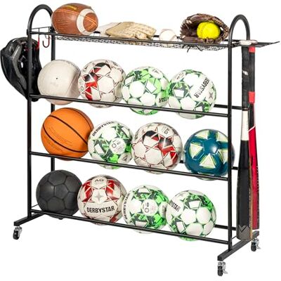 eluno Balhouder voor sportballen, zwart staal, met planken, honkbalknuppel en haken, voor het opbergen van voetbal, volleybal, basketbal, handbal eluno Balhouder voor sportballen, zwart staal, met planken, honkbalknuppel en haken, voor het opbergen van voetbal, volleybal, basketbal, handbal
