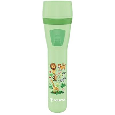 Varta Kinderzaklamp met 2 AA-batterijen, kleine zaklamp voor kinderen, jungle-design met dieren, groen Varta Kinderzaklamp met 2 AA-batterijen, kleine zaklamp voor kinderen, jungle-design met dieren, groen