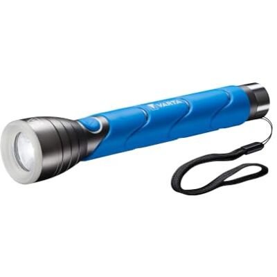 Varta Outdoor Sports F30 5W LED-zaklamp met 3 High Energy C batterijen met fosforescerende rubberen ring op de lampkop en waterdichte IPX4-behuizing aluminium anodisé, Angel Eye phosphorescent, poignée caoutchoutée, dragonne, incl. 3x C Piles, antichoc Varta Outdoor Sports F30 5W LED-zaklamp met 3 High Energy C batterijen met fosforescerende rubberen ring op de lampkop en waterdichte IPX4-behuizing aluminium anodisé, Angel Eye phosphorescent, poignée caoutchoutée, dragonne, incl. 3x C Piles, antichoc