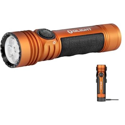 OLIGHT Seeker 4 Pro led-zaklamp, oplaadbaar, 4600 lumen, bereik 260 m, ultrakrachtig, militair, 5 verlichtingsmodi, IPX8, waterdicht, flitslicht voor redding enz. (oranje, koud wit) OLIGHT Seeker 4 Pro led-zaklamp, oplaadbaar, 4600 lumen, bereik 260 m, ultrakrachtig, militair, 5 verlichtingsmodi, IPX8, waterdicht, flitslicht voor redding enz. (oranje, koud wit)