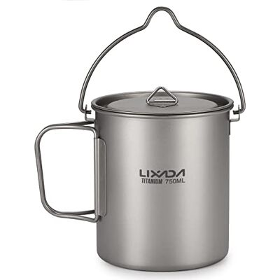 Lixada Titanium Cup Ultralight pan, om op te hangen, met deksel en handvat, opvouwbaar, voor kamperen, buiten, wandelen, 900 ml Lixada Titanium Cup Ultralight pan, om op te hangen, met deksel en handvat, opvouwbaar, voor kamperen, buiten, wandelen, 900 ml