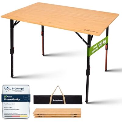 KingCamp Opvouwbare campingtafel met blad van 100% bamboe, in hoogte verstelbaar, capaciteit 120 kg, robuuste draagbare tafel voor buiten, camping, tuin KingCamp Opvouwbare campingtafel met blad van 100% bamboe, in hoogte verstelbaar, capaciteit 120 kg, robuuste draagbare tafel voor buiten, camping, tuin