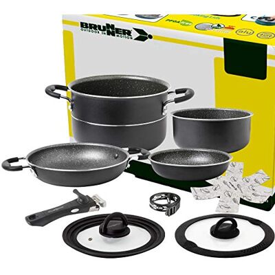 BRUNNER Outdoor in Motion camping kookgerei set aluminium (potten en pannen) ø 20, 22 of 24 cm Pirate Vakublock 4 personen, gecoat, licht, hoogwaardig, stapelbaar BRUNNER Outdoor in Motion camping kookgerei set aluminium (potten en pannen) ø 20, 22 of 24 cm Pirate Vakublock 4 personen, gecoat, licht, hoogwaardig, stapelbaar