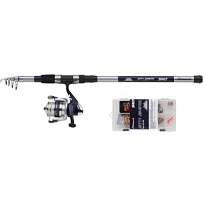 Shakespeare SALT Jetty Jouster Combo Hengel en Reel Set, Spinning Combo met harde koffer, kunstaas en einduitrusting, kust/kustvissen, blauw en wit, 2,40 m 20-60 g Shakespeare SALT Jetty Jouster Combo Hengel en Reel Set, Spinning Combo met harde koffer, kunstaas en einduitrusting, kust/kustvissen, blauw en wit, 2,40 m 20-60 g