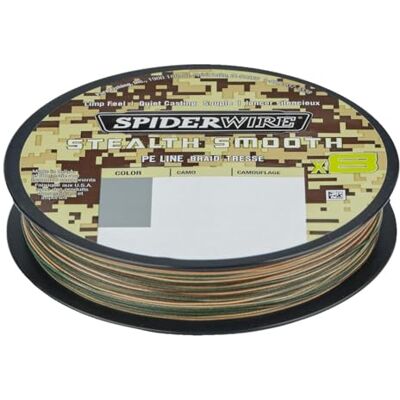 Spiderwire Stealth Smooth 8 New 2020, 150 m, camo, 8-strengen gevlochten garen met microcoating, 0,06 mm, 0,39 mm, 5,4 kg, 46,3 kg, slijtvast Spiderwire Stealth Smooth 8 New 2020, 150 m, camo, 8-strengen gevlochten garen met microcoating, 0,06 mm, 0,39 mm, 5,4 kg, 46,3 kg, slijtvast