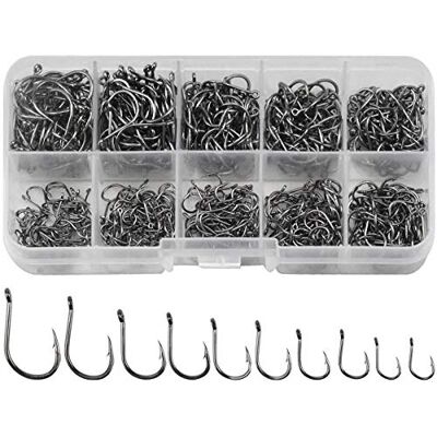 Jinlaili 600 stuks koolstofstaal vishaken in 10 maten, vishaken met weerhaak, vishaken met oogje, visaccessoires met plastic doos, 3#-12# Jinlaili 600 stuks koolstofstaal vishaken in 10 maten, vishaken met weerhaak, vishaken met oogje, visaccessoires met plastic doos, 3#-12#
