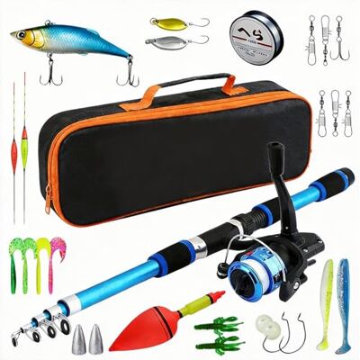 PORFOYO 2 stuks visaccessoires, telescopische hengel, 1,8 m, voor kinderen, met haspel, kunstaas, grote vlotter, bel, draagtas PORFOYO 2 stuks visaccessoires, telescopische hengel, 1,8 m, voor kinderen, met haspel, kunstaas, grote vlotter, bel, draagtas