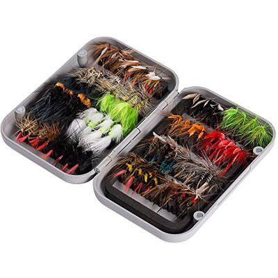 Bassdash 64 stuks vliegvissen kunstaas inclusief droge vliegen, natte vliegen, nimfen, streamers, terrestrials, bloedzuigers en meer, met magnetische vliegendoos Bassdash 64 stuks vliegvissen kunstaas inclusief droge vliegen, natte vliegen, nimfen, streamers, terrestrials, bloedzuigers en meer, met magnetische vliegendoos