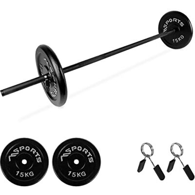 MSPORTS Lange halterstang met veersluiting + lange halterschijven van gietijzer van 20, 30, 40 of 60 kg MSPORTS Lange halterstang met veersluiting + lange halterschijven van gietijzer van 20, 30, 40 of 60 kg