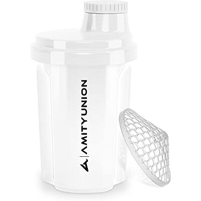 AMITYUNION Protein Shaker 300 ml "Heaven" lekvrij, BPA-vrij met klikbare zeef en weegschaal voor romige wei-shakes, gym fitness cups voor isolaten en sportconcentraten, origineel in Wit 300ml AMITYUNION Protein Shaker 300 ml "Heaven" lekvrij, BPA-vrij met klikbare zeef en weegschaal voor romige wei-shakes, gym fitness cups voor isolaten en sportconcentraten, origineel in Wit 300ml