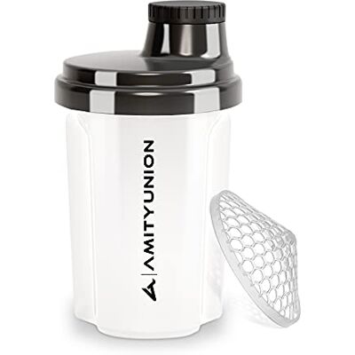 AMITYUNION Protein Shaker 300 ml "Heaven" lekvrij, BPA-vrij met klikbare zeef en weegschaal voor romige wei-shakes, gym fitness cups voor isolaten en sportconcentraten, origineel in Wit Zwart 300ml En weegschaal voor romige weishakes, fitnessbekers vo AMITYUNION Protein Shaker 300 ml "Heaven" lekvrij, BPA-vrij met klikbare zeef en weegschaal voor romige wei-shakes, gym fitness cups voor isolaten en sportconcentraten, origineel in Wit Zwart 300ml En weegschaal voor romige weishakes, fitnessbekers vo